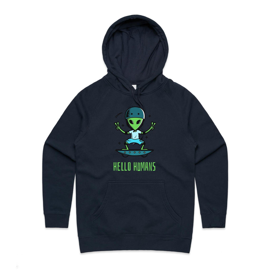 Alien, Hello Humans - Womens Hoodie Navy Womens Hoodie Printed In Australia Sci Fi