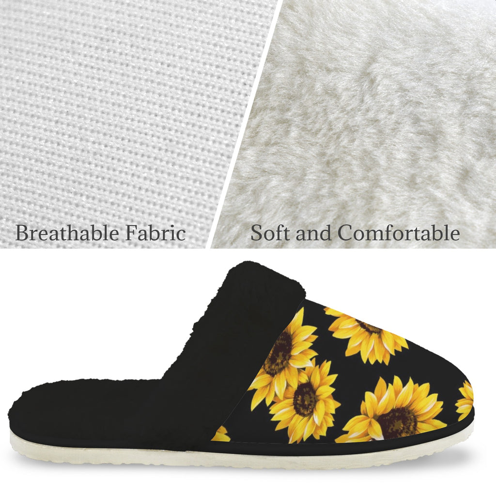 Sunflowers On Black Women's Fur Trim Thick-Sole Indoor Slippers Women's Fur Trimmed Slippers Plants Printed Offshore