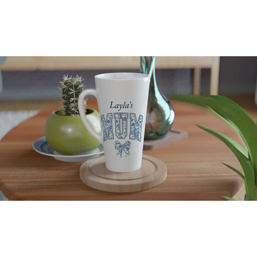 Personalise - Mum, Blue Floral - White Latte 17oz Ceramic Mug Personalised Latte Mug customise Globally Fulfilled Mum Name