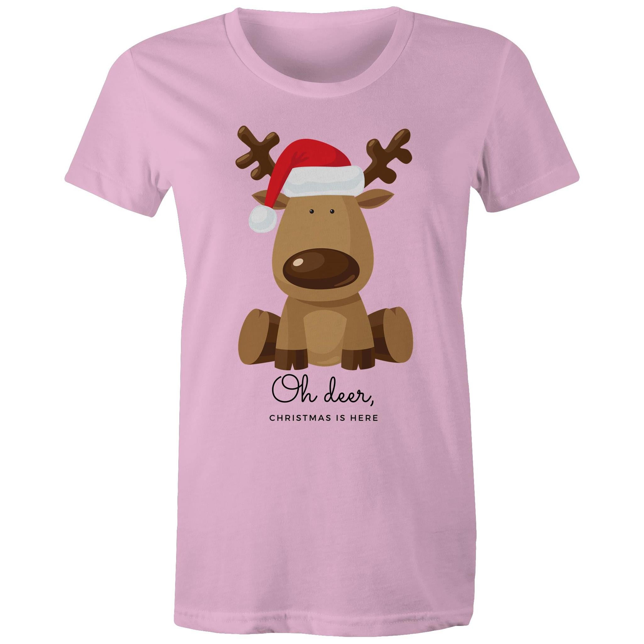 Oh Deer, Christmas Is Here, Reindeer - Womens T-shirt Pink Womens Christmas T-shirt Christmas Printed In Australia