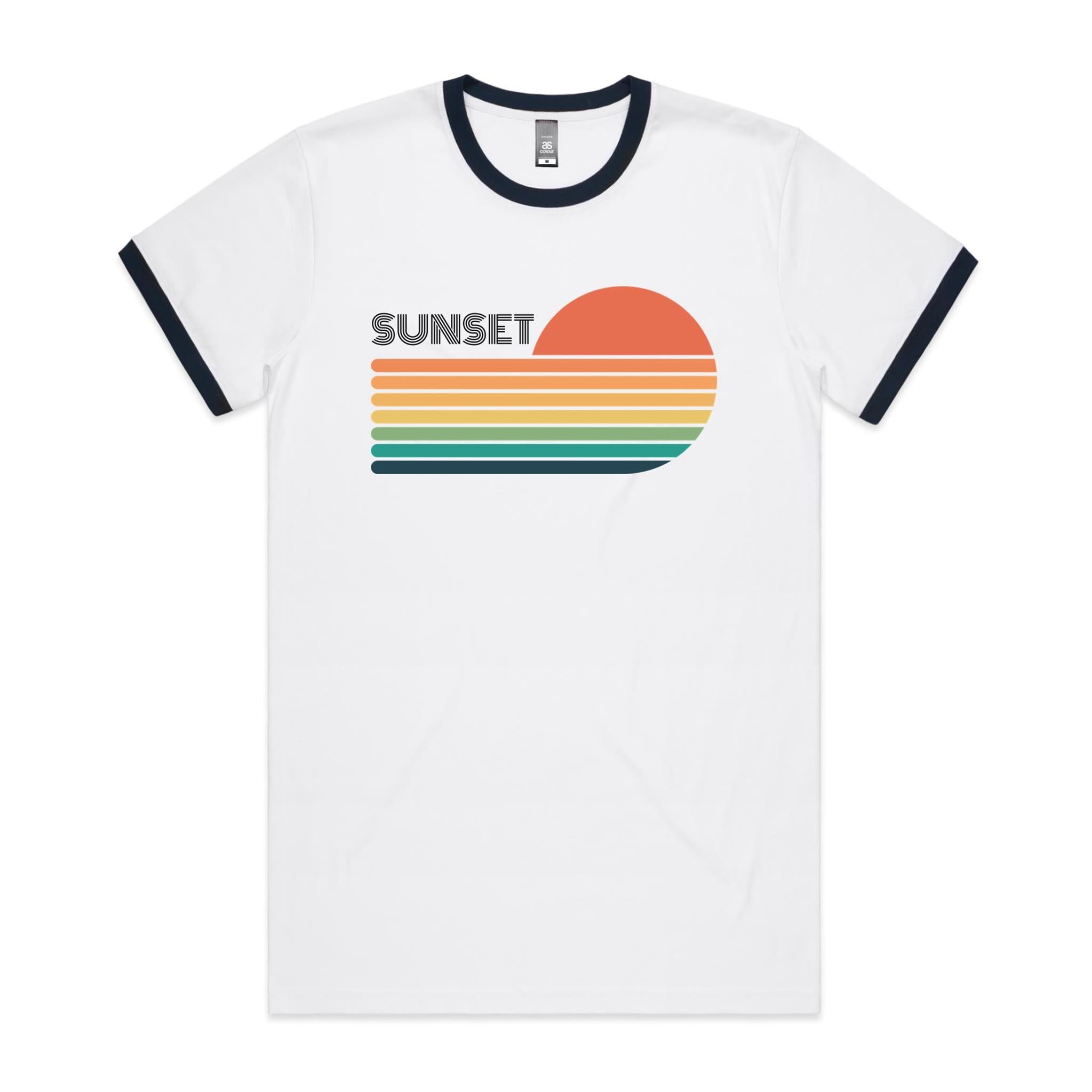 Retro Sunset - Staple Ringer Tee White Navy Ringer T-Shirt Printed In Australia Retro