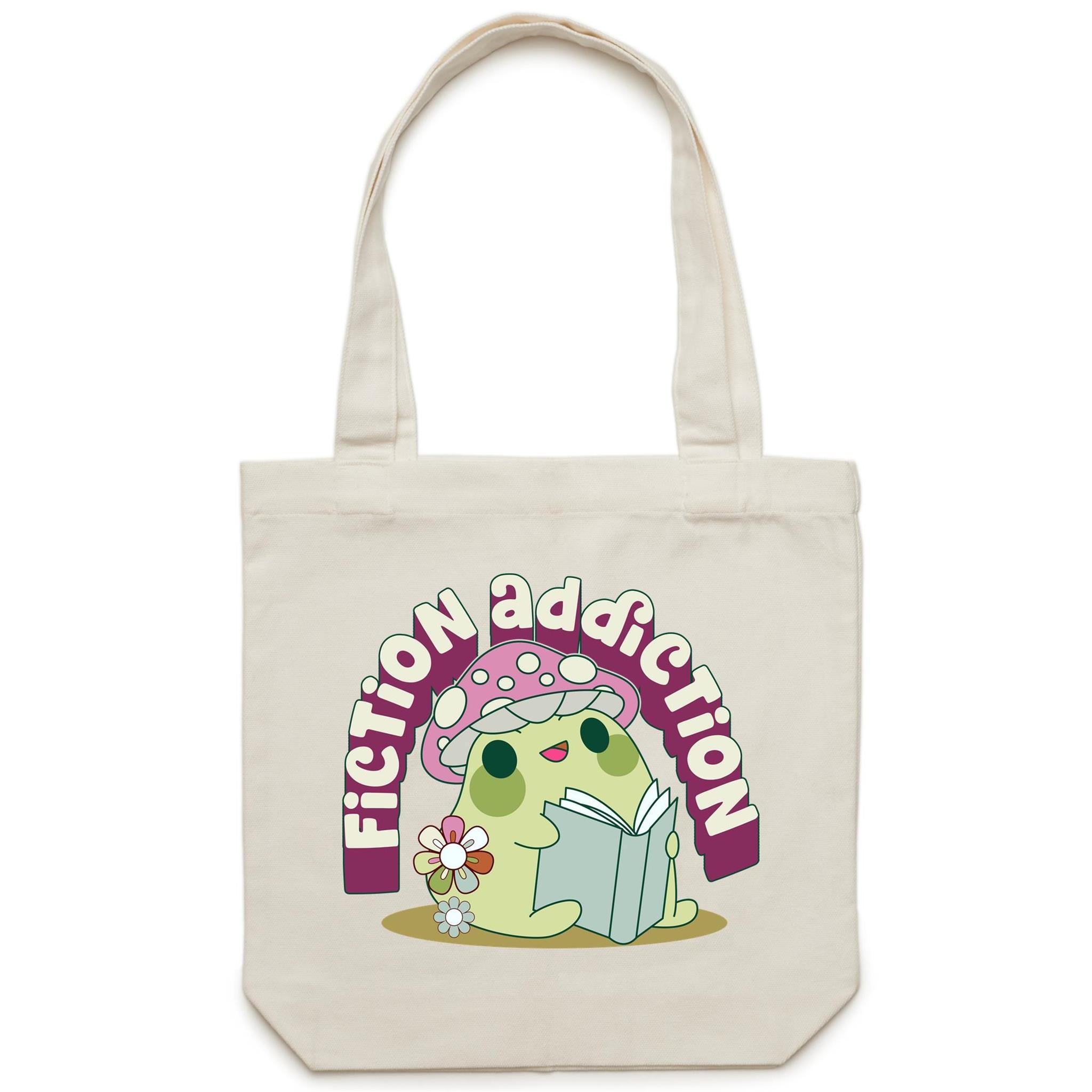 Fiction Addiction - Canvas Tote Bag Cream One Size Tote Bag Printed In Australia Reading