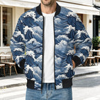 Japanese Waves Men's Casual Zip‑Up Bomber Jacket