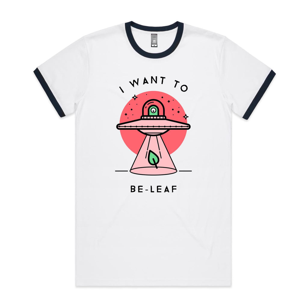 I Want To Be-Leaf, UFO, Believe - Staple Ringer Tee White Navy Ringer T-Shirt Plants Printed In Australia Sci Fi