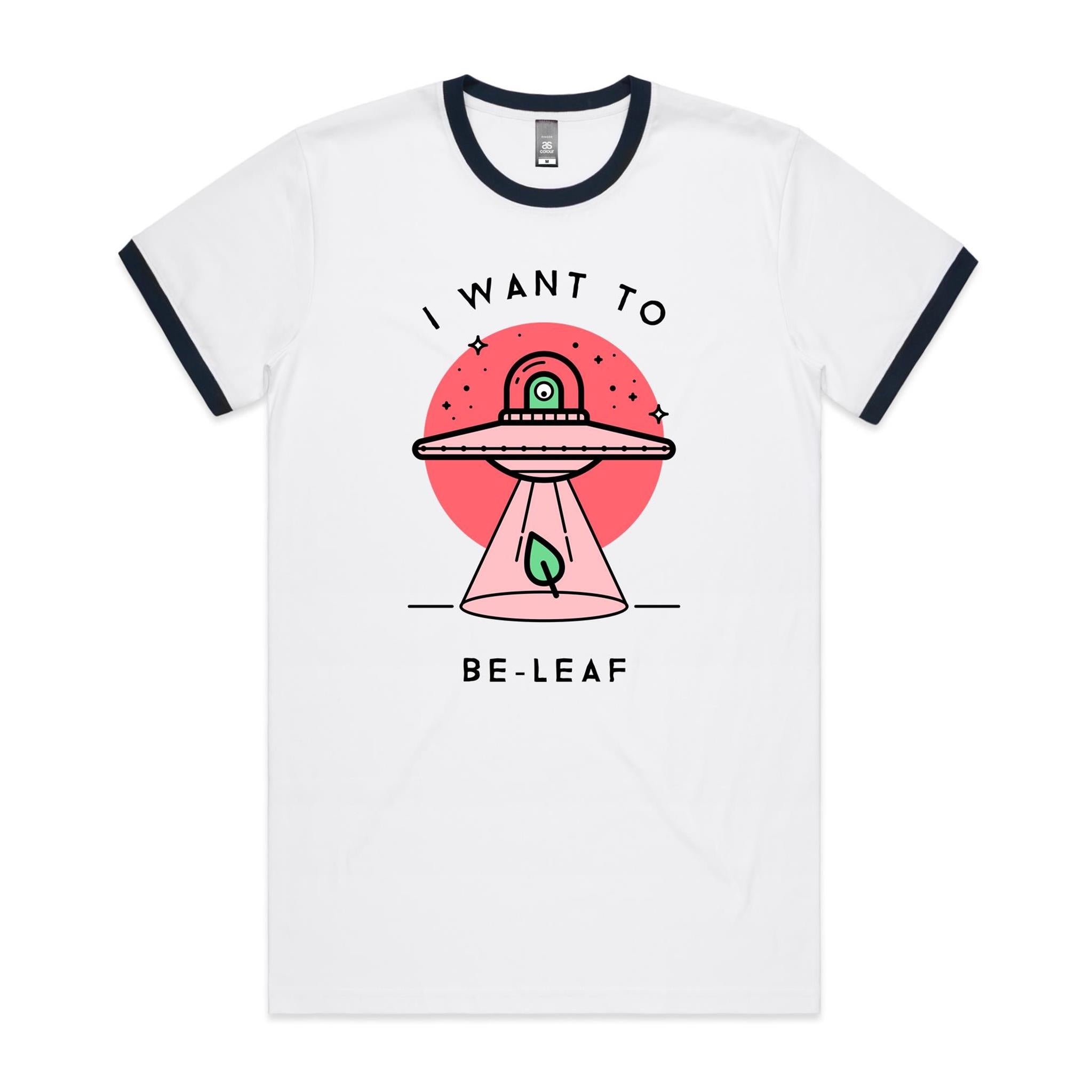 I Want To Be-Leaf, UFO, Believe - Staple Ringer Tee White Navy Ringer T-Shirt Plants Printed In Australia Sci Fi
