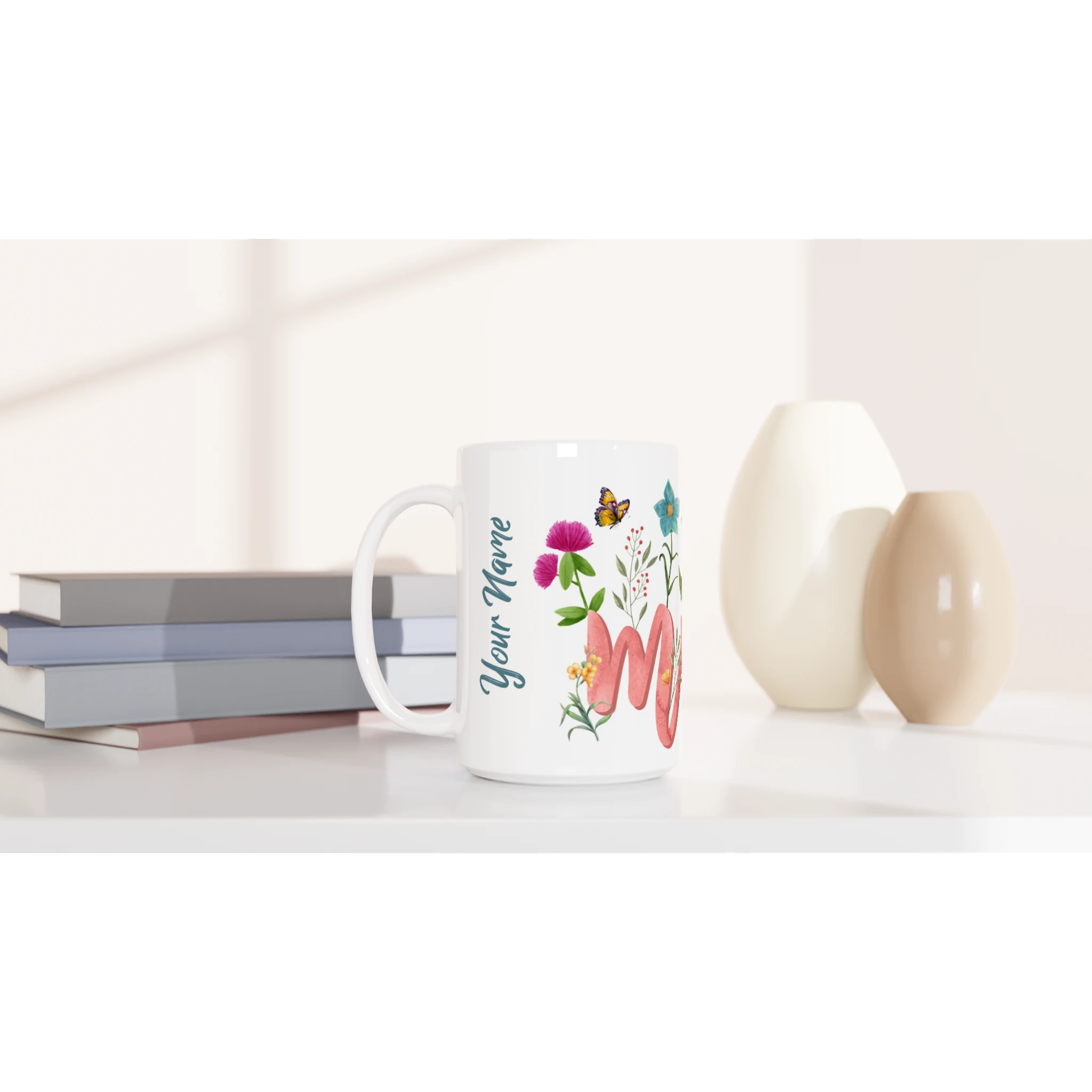 Personalised - Mum With Flowers And Butterflies - White 15oz Ceramic Mug Personalised 15oz Mug Globally Fulfilled Mum