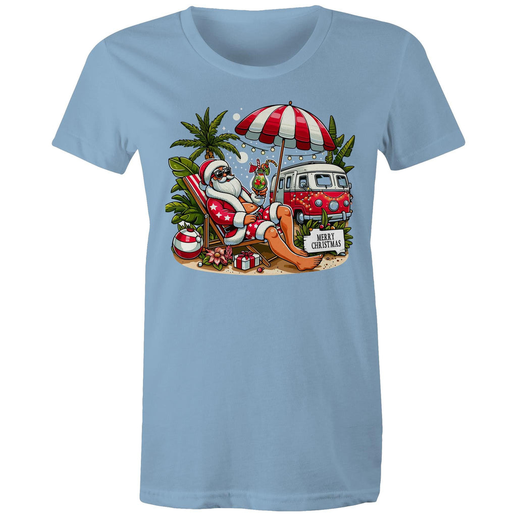 Santa By The Beach - Womens T-shirt Carolina Blue Womens Christmas T-shirt Christmas Printed In Australia