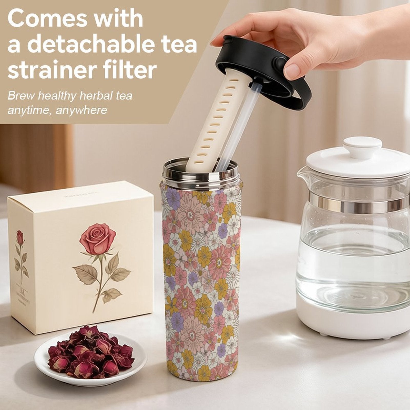 Faded Floral 20oz Tea Tumbler with Carry Handle