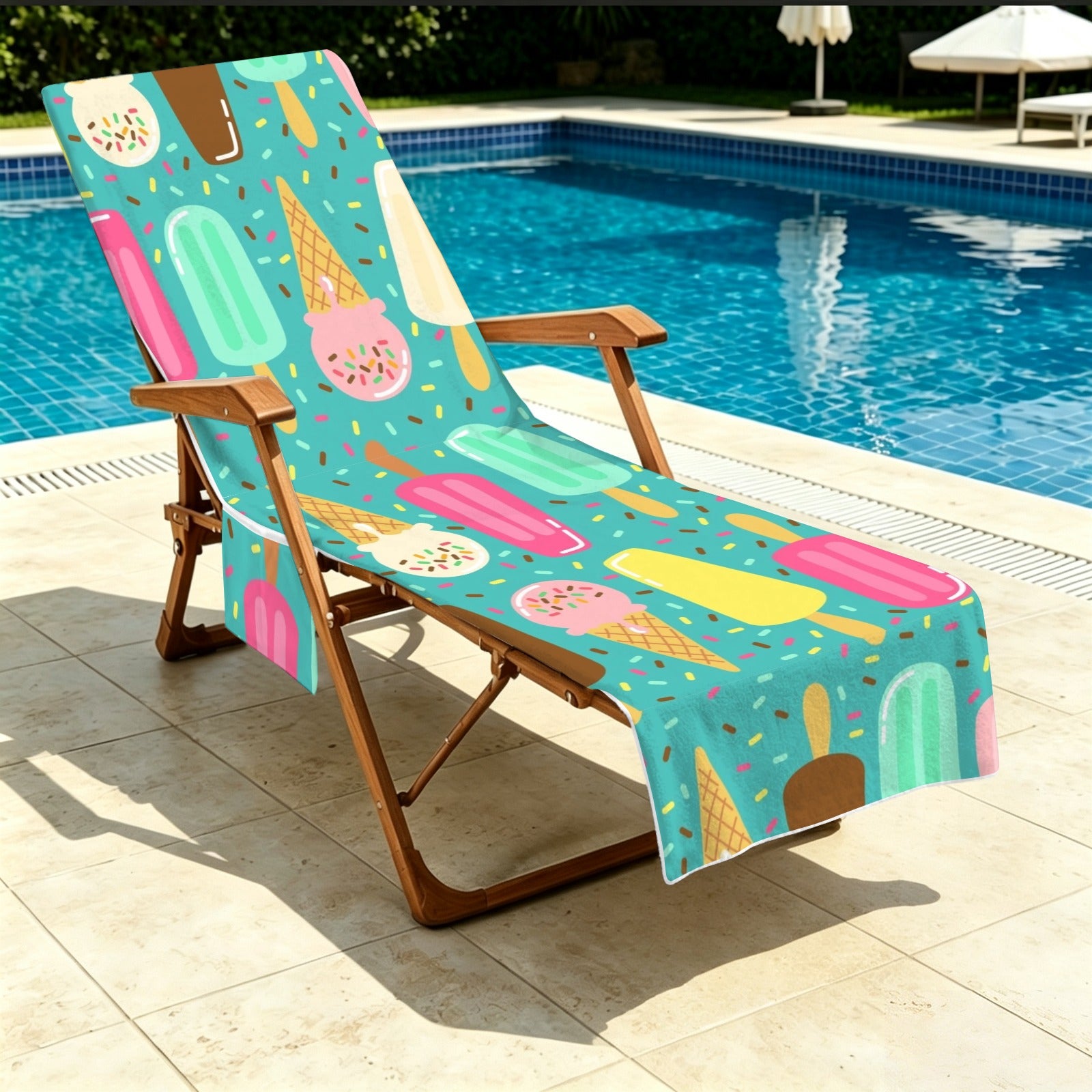 Ice Cream Beach Chair Towel Cover with Side Pockets