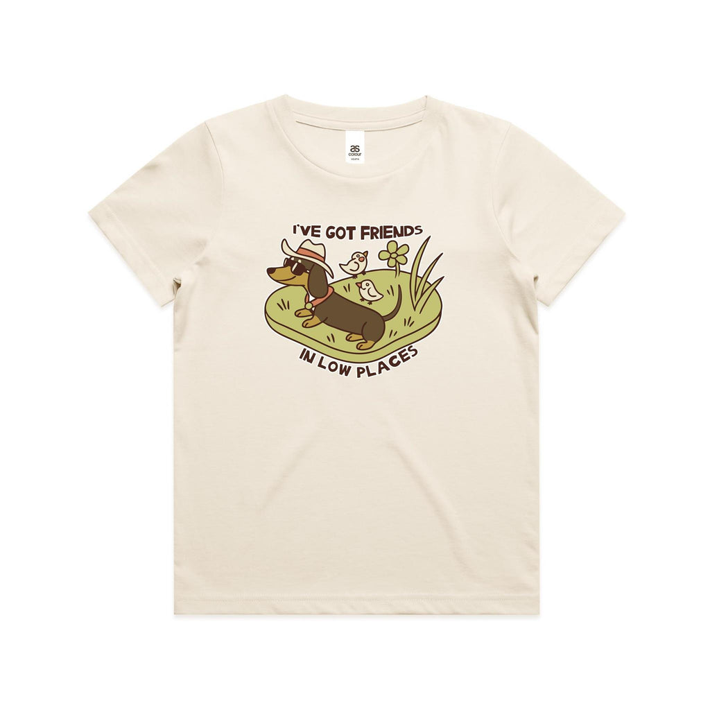 Dachshund, I've Got Friends In Low Places Kid's AS Colour T-shirt Ecru Kids Youth T-shirt animal Printed In Australia