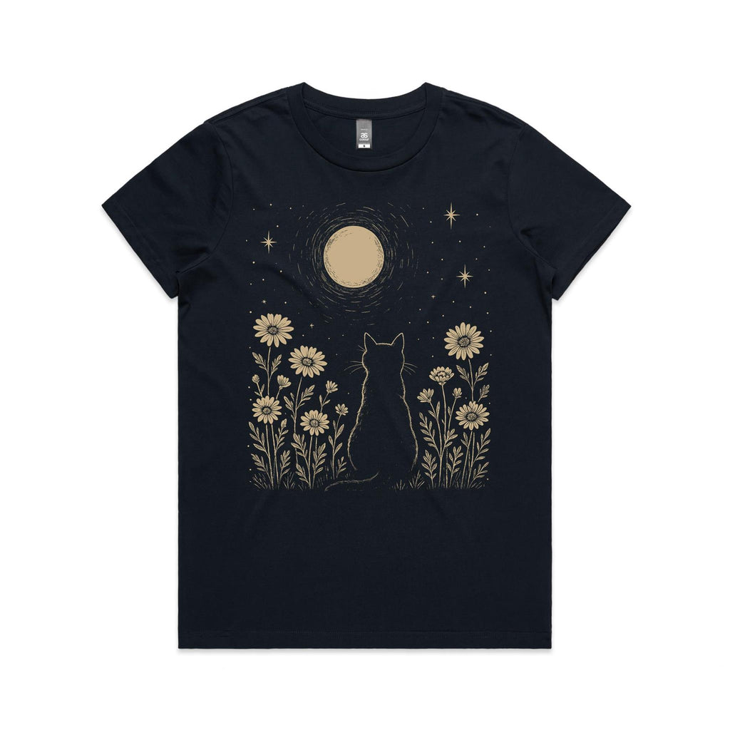 Whimsical Cat And Moon Women's AS Colour T-shirt Navy Womens T-shirt animal Printed In Australia