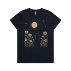 Whimsical Cat And Moon Women's AS Colour T-shirt Navy Womens T-shirt animal Printed In Australia