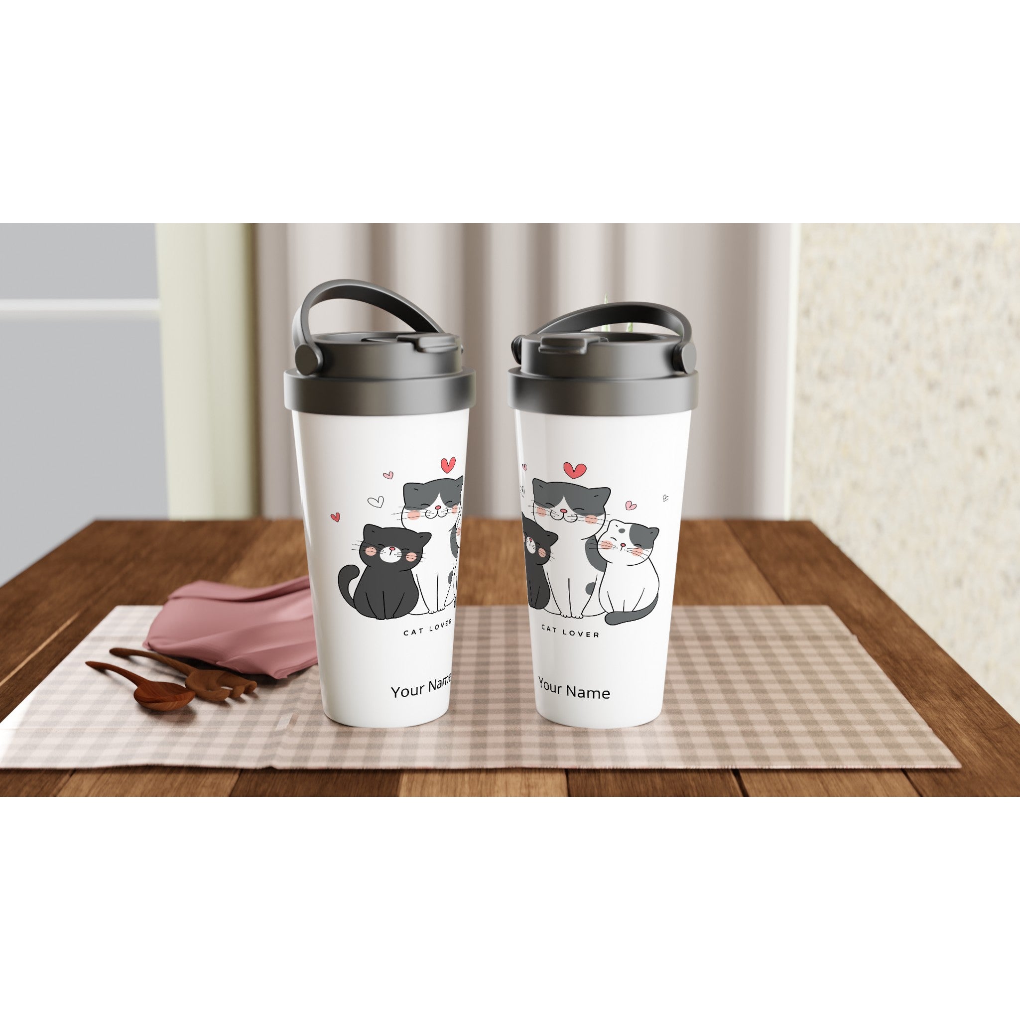 Personalised - Cat Lover - White 15oz Stainless Steel Travel Mug Personalised Travel Mug animal Globally Fulfilled