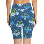 Cute Aliens in UFOs Women's Bike Shorts With Side Pockets Women's Bike Shorts Printed Offshore Sci Fi