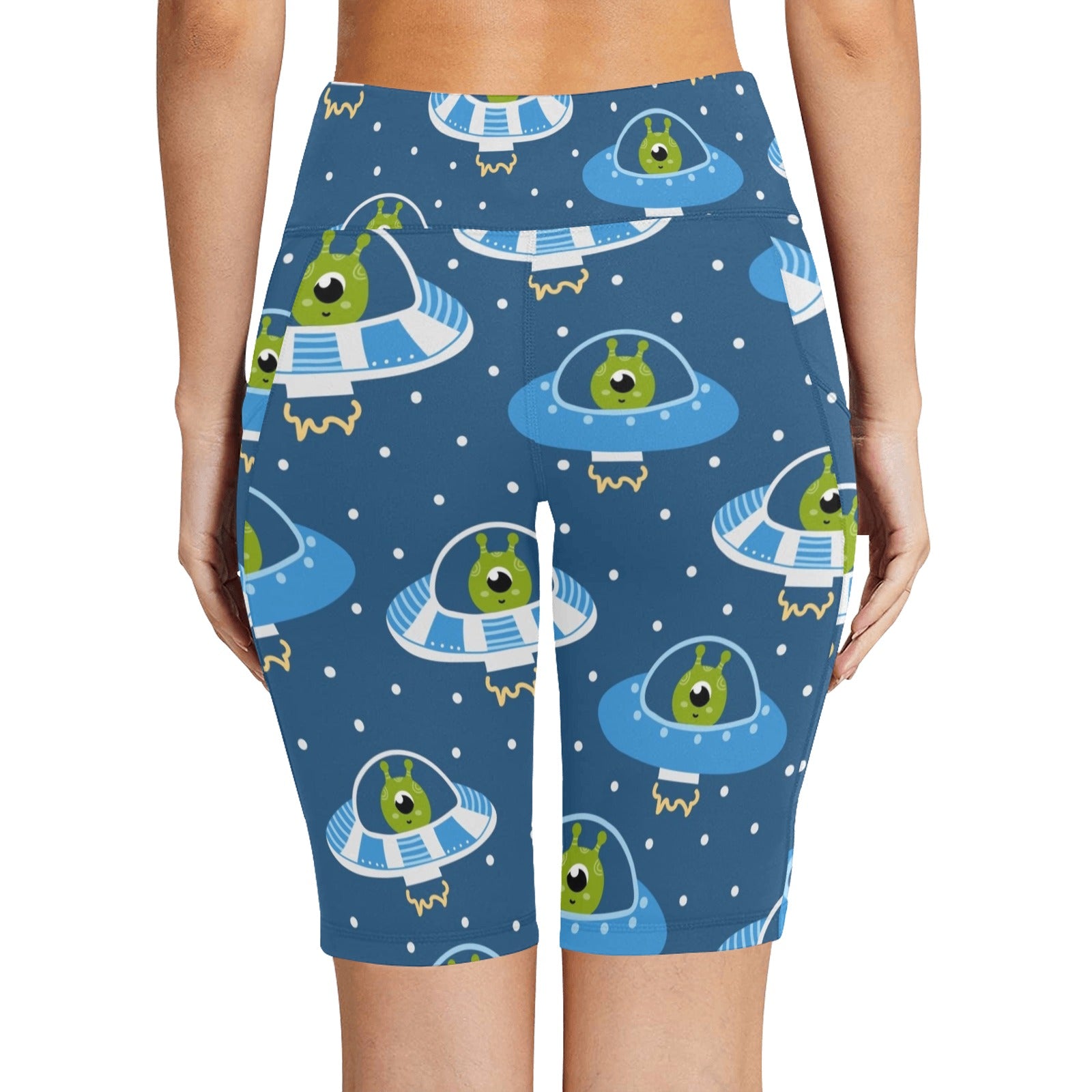 Cute Aliens in UFOs - Women's Bike Shorts With Side Pockets Women's Bike Shorts Printed Offshore Sci Fi