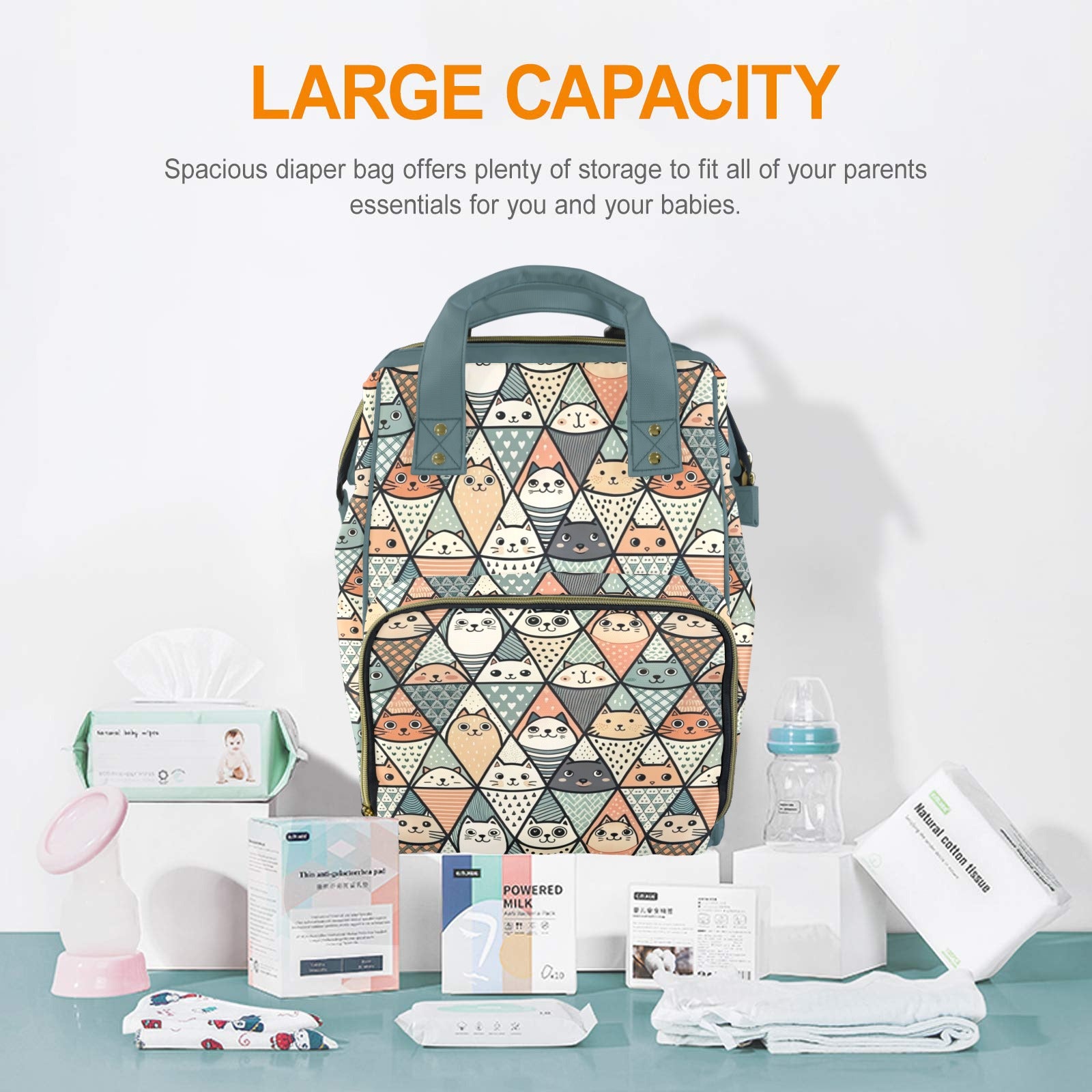 Diamond Cat Pattern - Multi-Function Backpack, Nappy / Diaper Bag