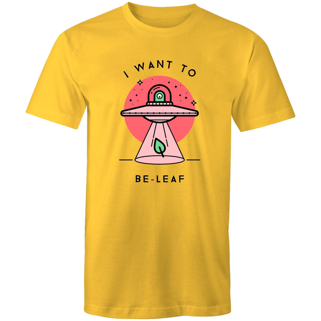 I Want To Be-Leaf, UFO - Mens T-Shirt Yellow Mens T-shirt Printed In Australia Sci Fi