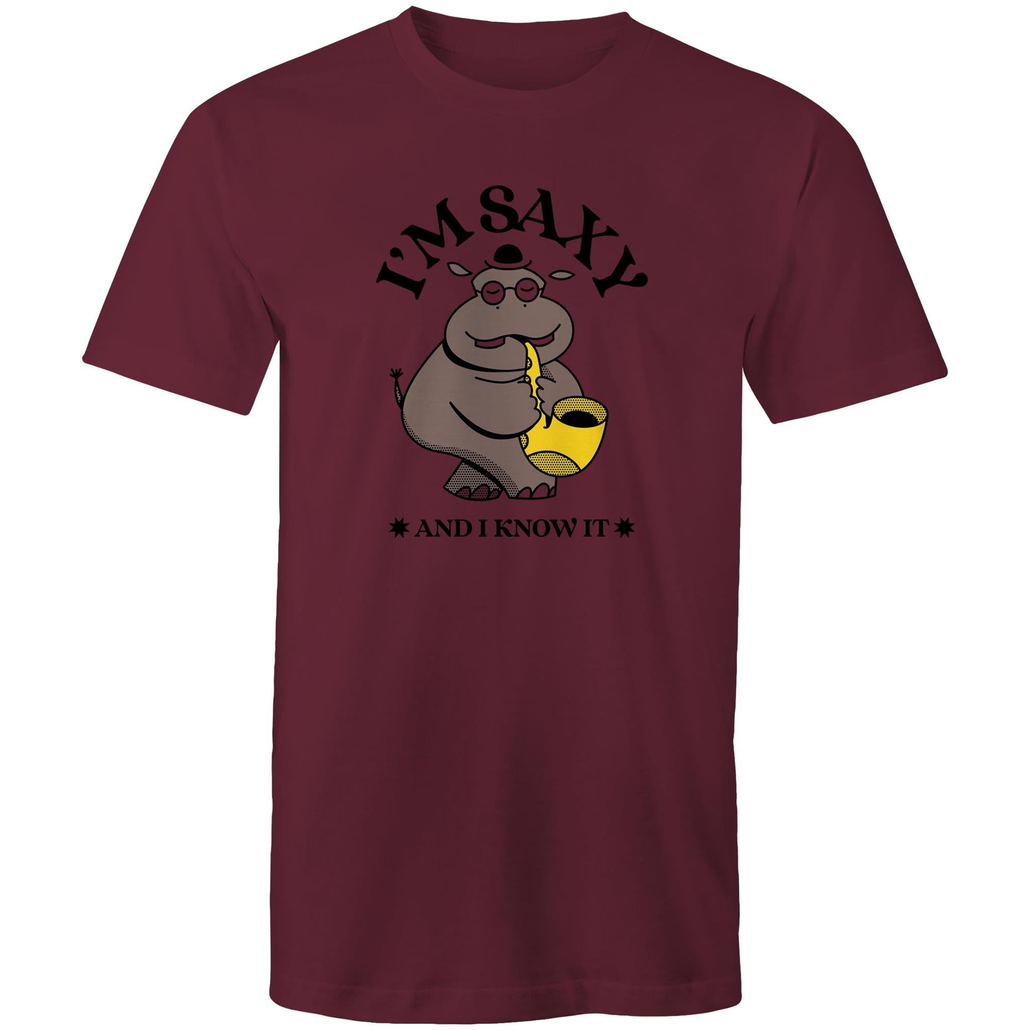 I'm Saxy And I Know It, Saxophone Hippo - Mens T-Shirt Burgundy Mens T-shirt animal Music Printed In Australia