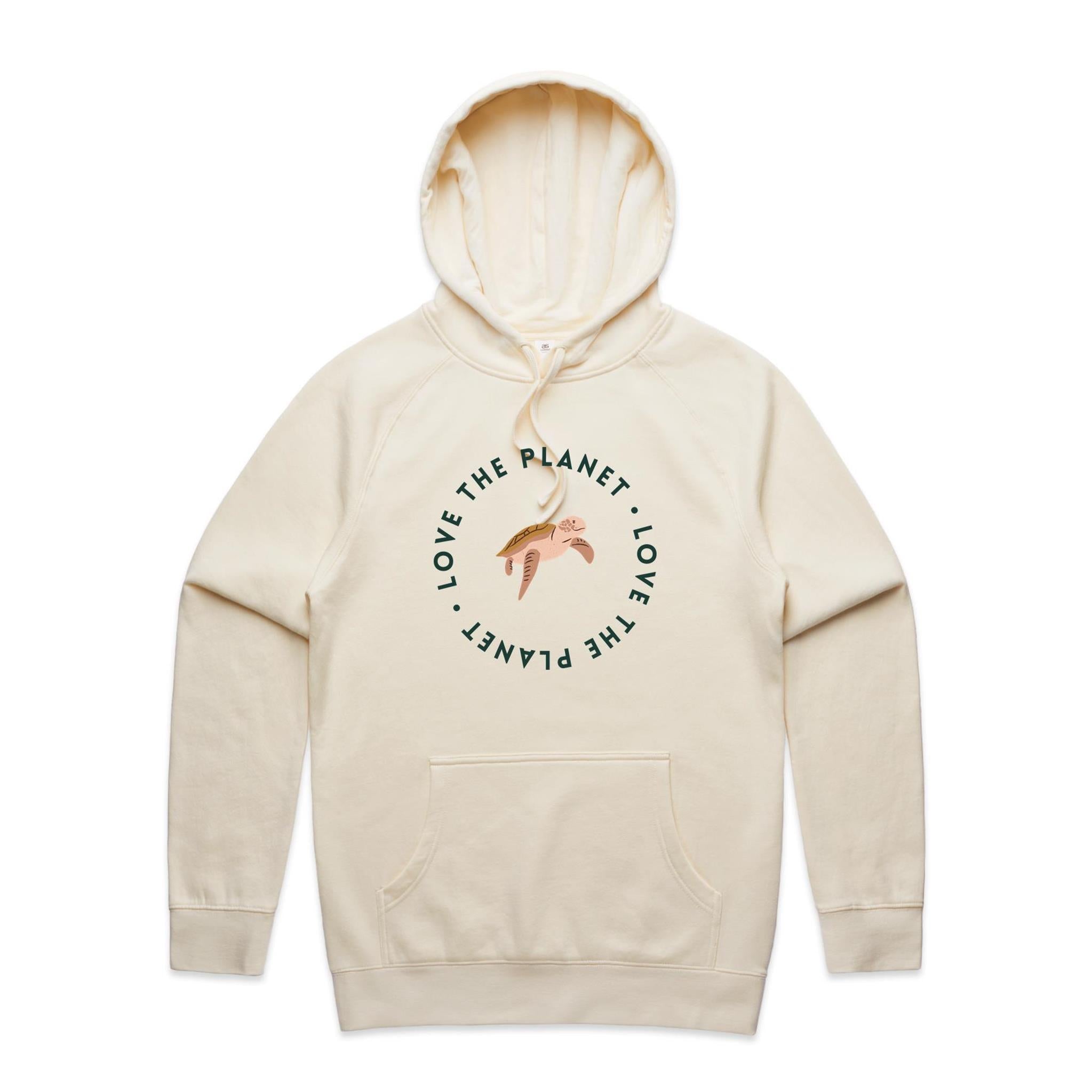 Love The Planet, Turtle - Mens Hoodie Ecru Mens Hoodie animal Environment Printed In Australia