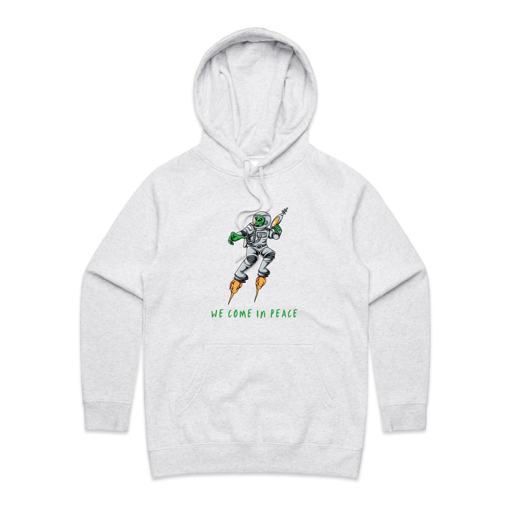 Alien Invasion, We Come In Peace - Womens Hoodie White Marle Womens Hoodie Printed In Australia Sci Fi