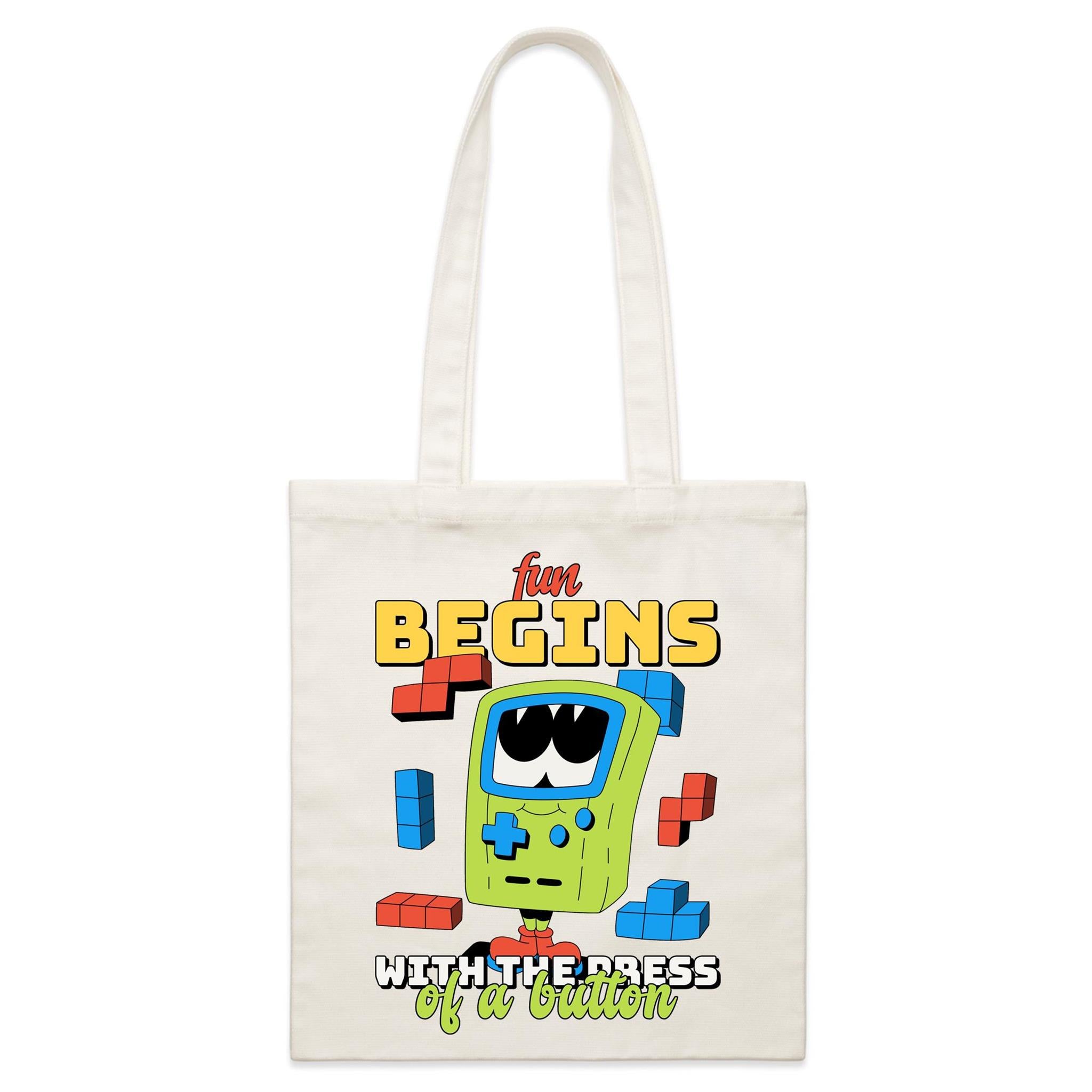 Fun Begins With The Press Of A Button - Parcel Canvas Tote Bag Default Title Small Tote Bag Games Printed In Australia