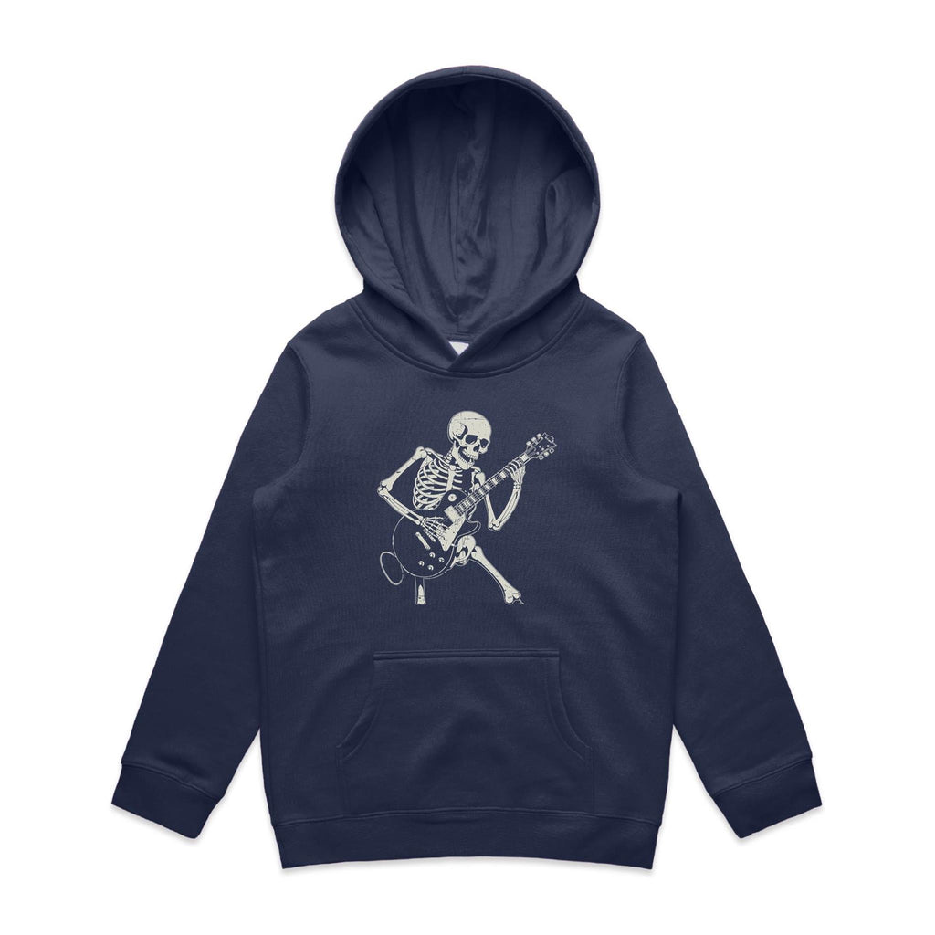 Skeleton Playing Guitar Kid's AS Colour Hoodie Midnight Blue Kids Hoodie Music Printed In Australia