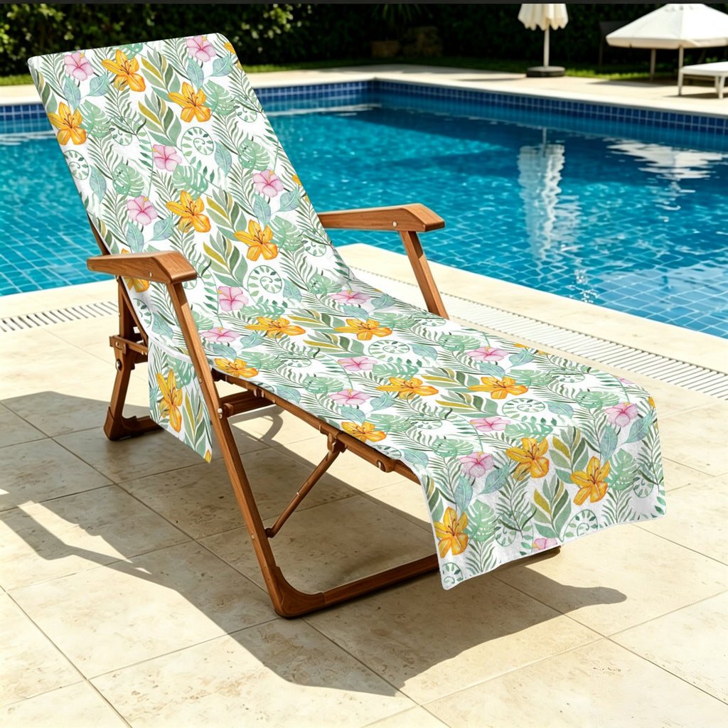 Tropical Flowers And Leaves Beach Chair Towel Cover with Side Pockets