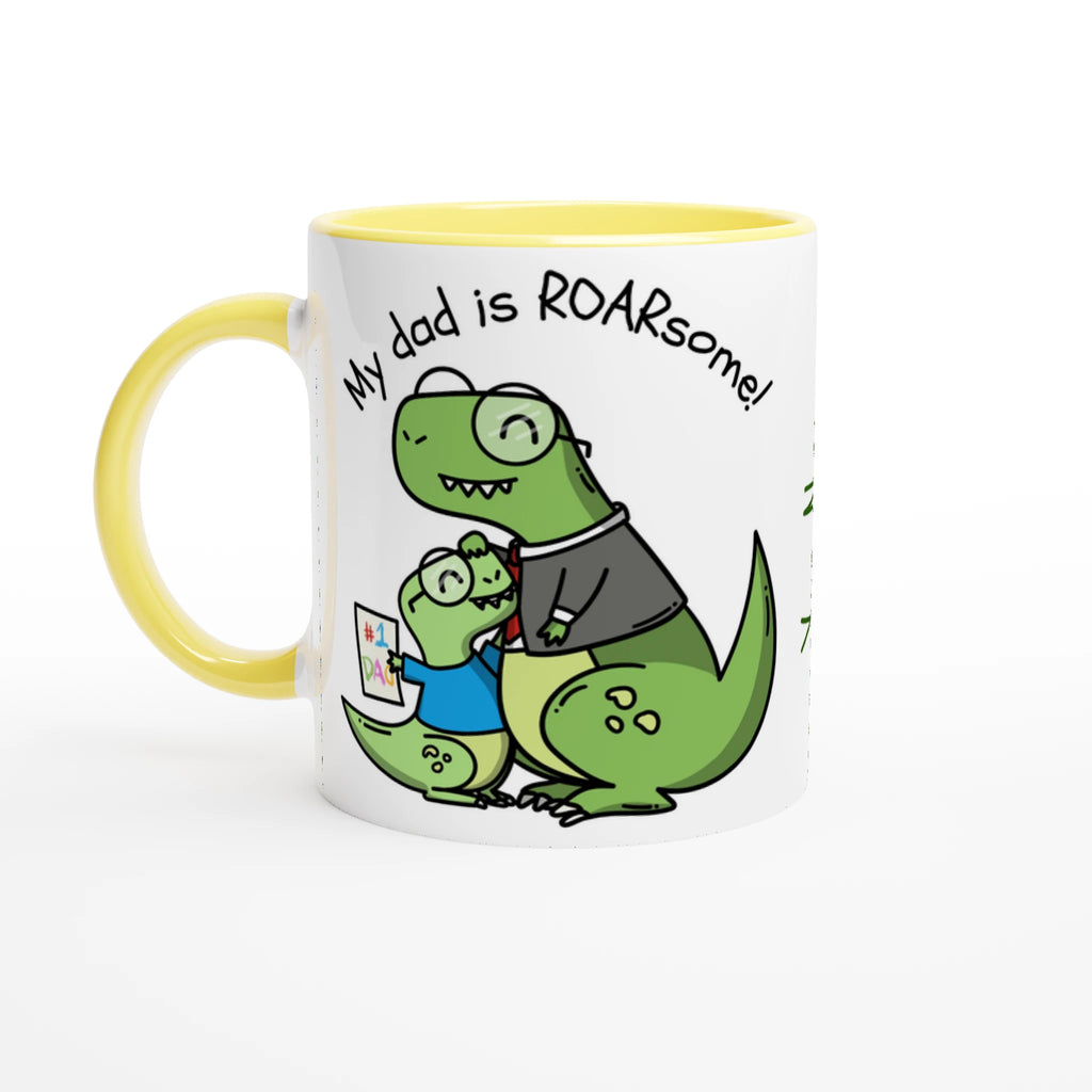 Personalised - My Dad Is Roarsome, Dinosaur - White 11oz Ceramic Mug Ceramic Yellow Personalised Mug customisable dad Globally Fulfilled personalise