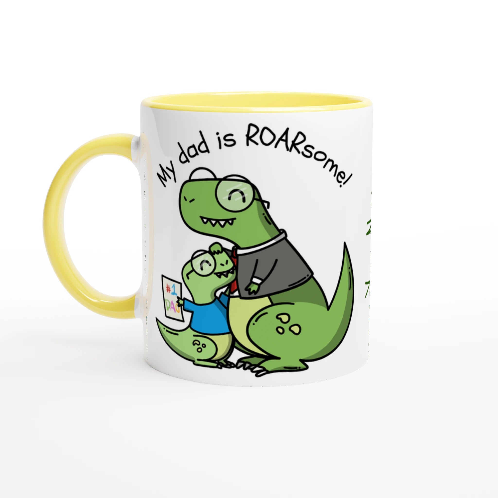 Personalised - My Dad Is Roarsome, Dinosaur - White 11oz Ceramic Mug Ceramic Yellow Personalised Mug customisable dad Globally Fulfilled personalise