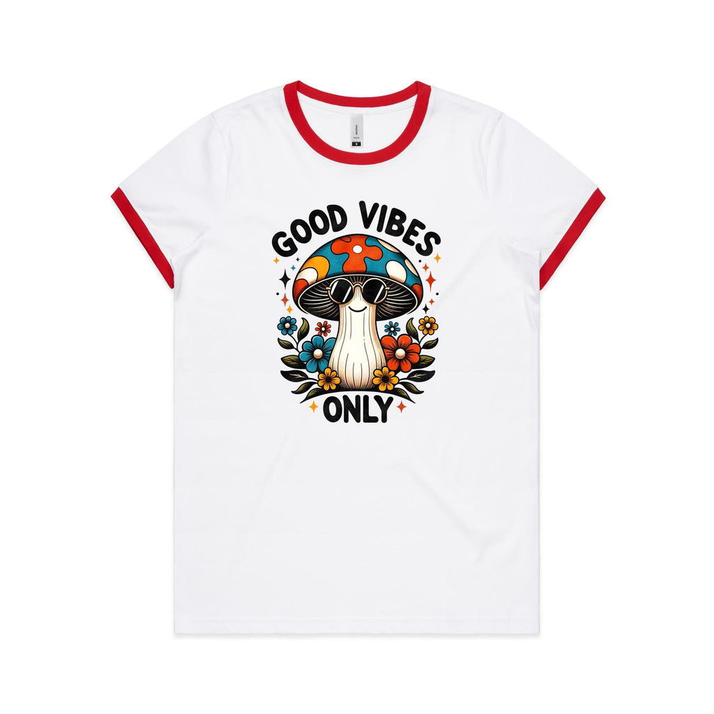 Good Vibes Only, Hippie Mushroom With Sunglasses - Women's Ringer Tee