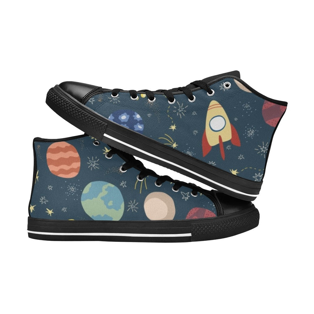 Rocket and Planets In Space - Kids High Top Canvas Shoes