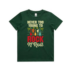Never Too Young To Rock N Roll Kid's AS Colour T-shirt Forest Green Kids Youth T-shirt Music Printed In Australia