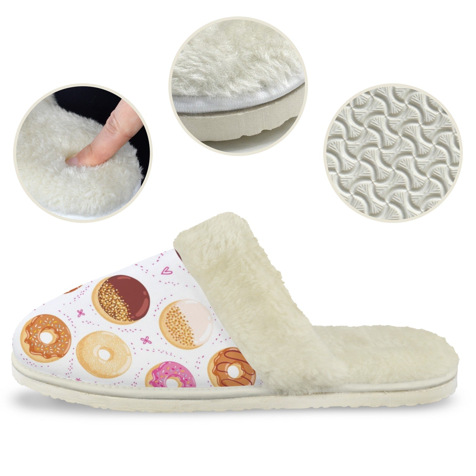 Doughnut Love Women's Fur Trim Thick-Sole Indoor Slippers Women's Fur Trimmed Slippers Food Printed Offshore