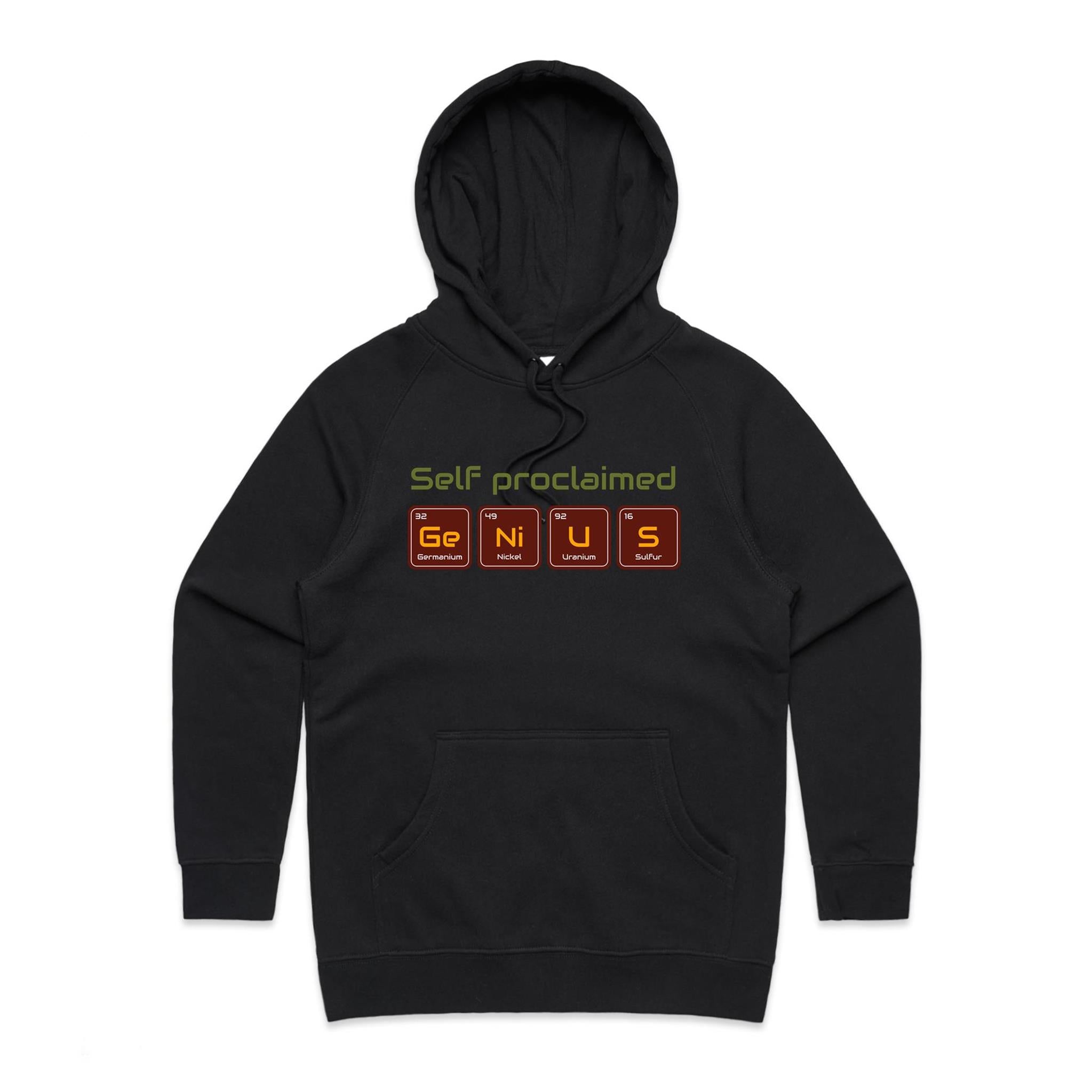 Self Proclaimed Genius - Womens Hoodie Black Womens Hoodie Printed In Australia Science