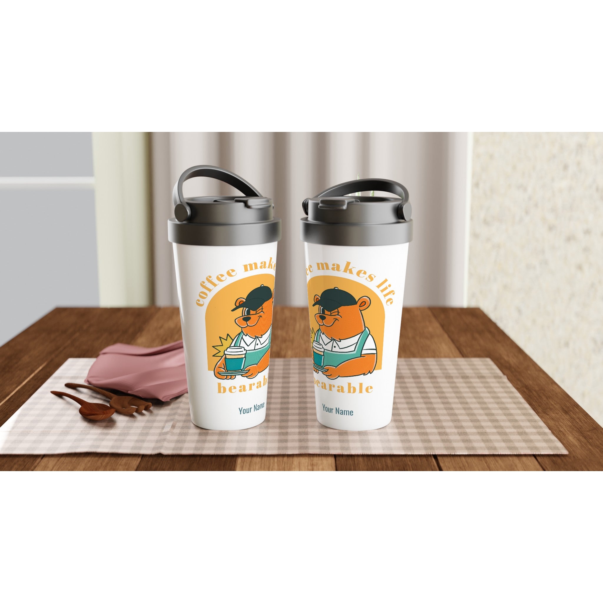 Personalised - Coffee Makes Life Bearable - White 15oz Stainless Steel Travel Mug Personalised Travel Mug Globally Fulfilled retro