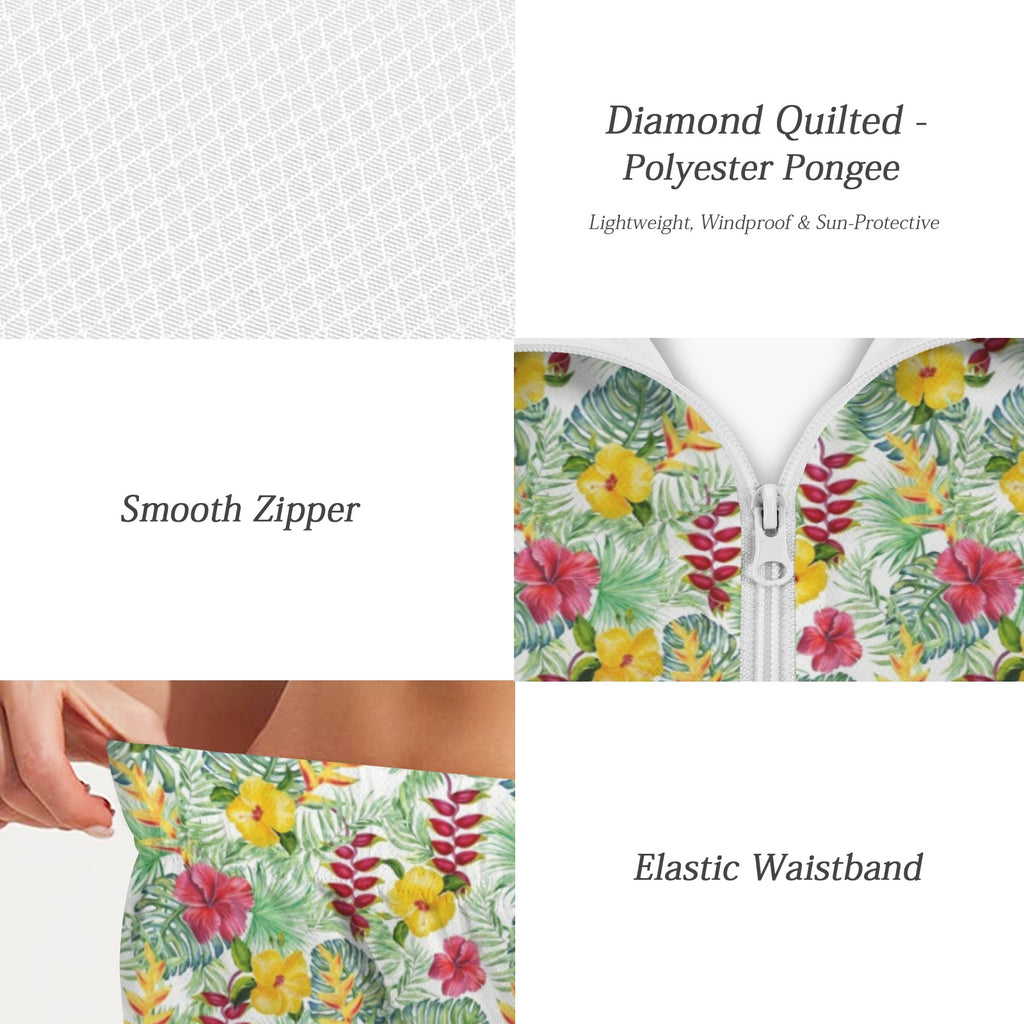 Tropical Flowers On White Women's Windbreaker Short Set Women's Windbreaker Short Set Plants Printed Offshore