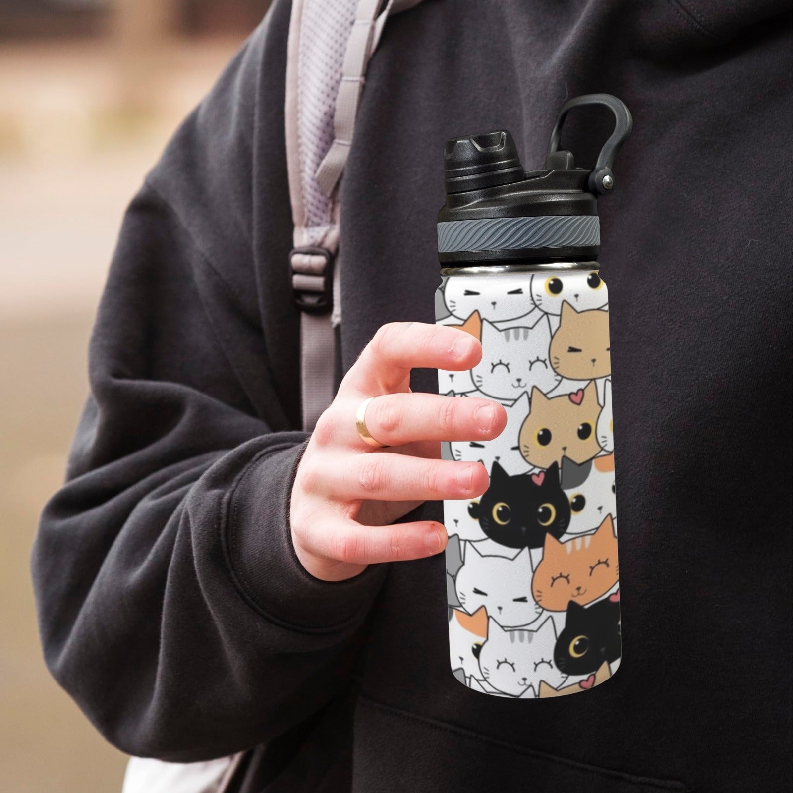 Cute Cartoon Cats - Insulated Water Bottle with Dual-Use Lid (18oz) Insulated Water Bottle with Dual-Use Lid (18oz) animal Printed Offshore