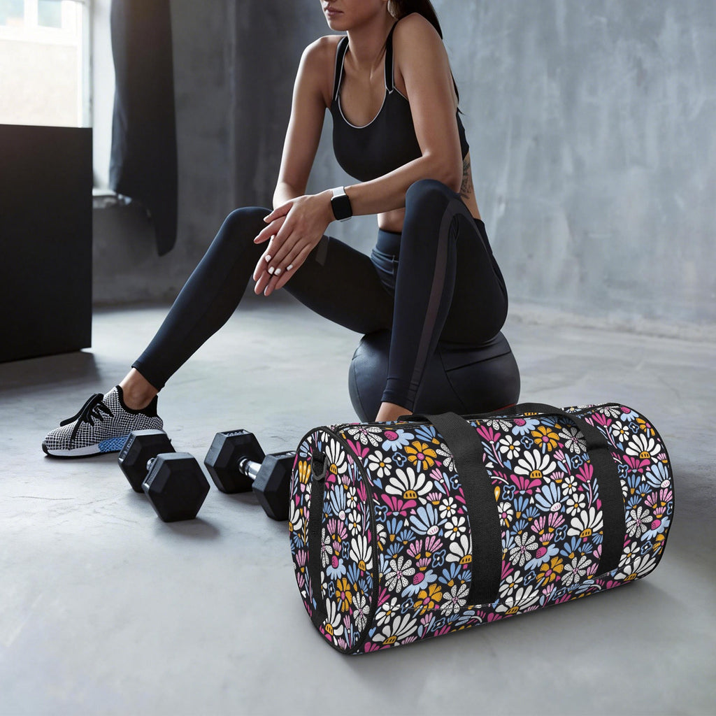 Graphic Flowers On Black Duffle Bag Duffle Bag Printed Offshore