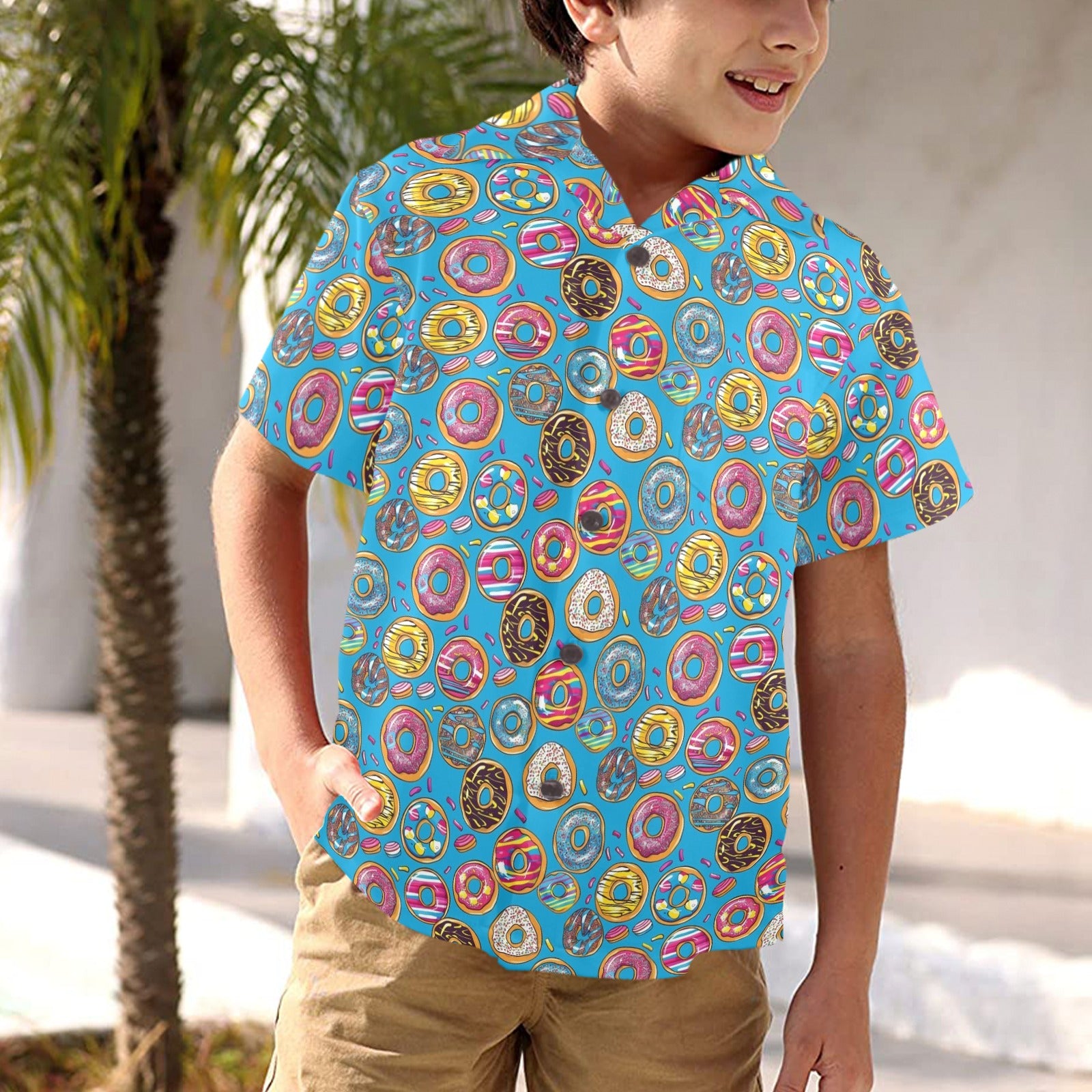 Doughnuts On Blue Junior Kids Hawaiian Shirt