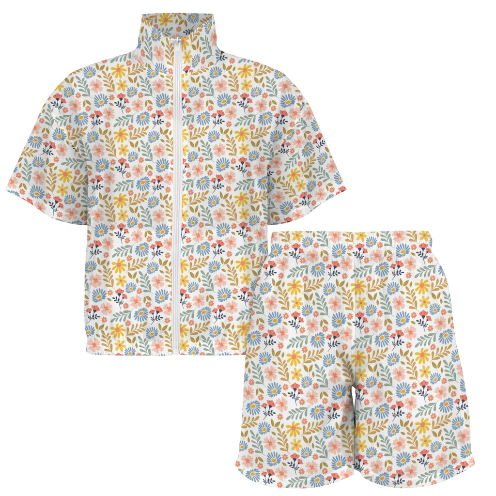 Boho Flowers And Leaves Women's Windbreaker Short Set Women's Windbreaker Short Set Plants Printed Offshore