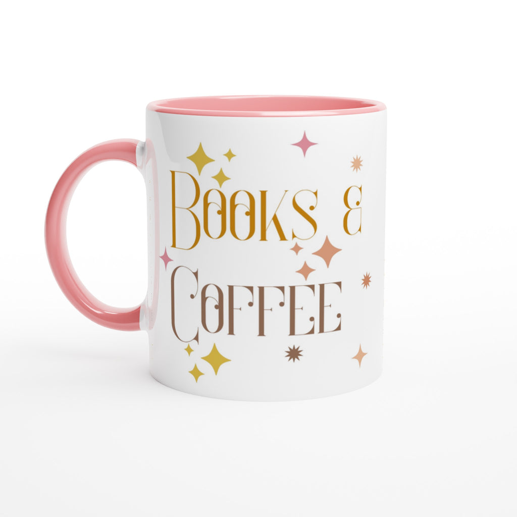 Books And Coffee - White 11oz Ceramic Mug with Colour Inside Ceramic Pink Colour 11oz Mug Coffee Globally Fulfilled Reading