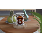 Personalise - Coffee First, Questions Later, Highland Cow - White 15oz Ceramic Mug Personalised 15oz Mug animal Coffee Globally Fulfilled