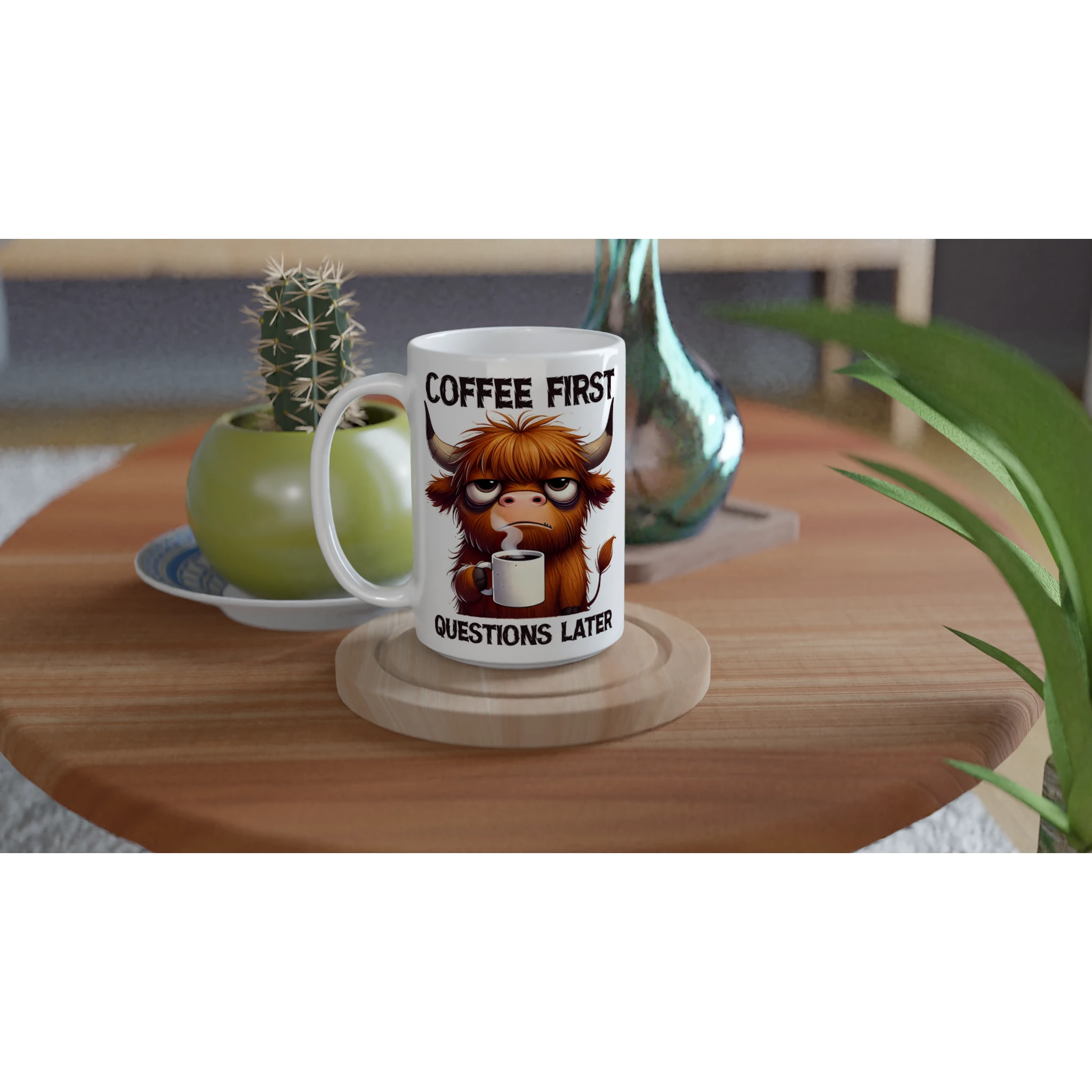 Personalise - Coffee First, Questions Later, Highland Cow - White 15oz Ceramic Mug Personalised 15oz Mug animal Coffee Globally Fulfilled