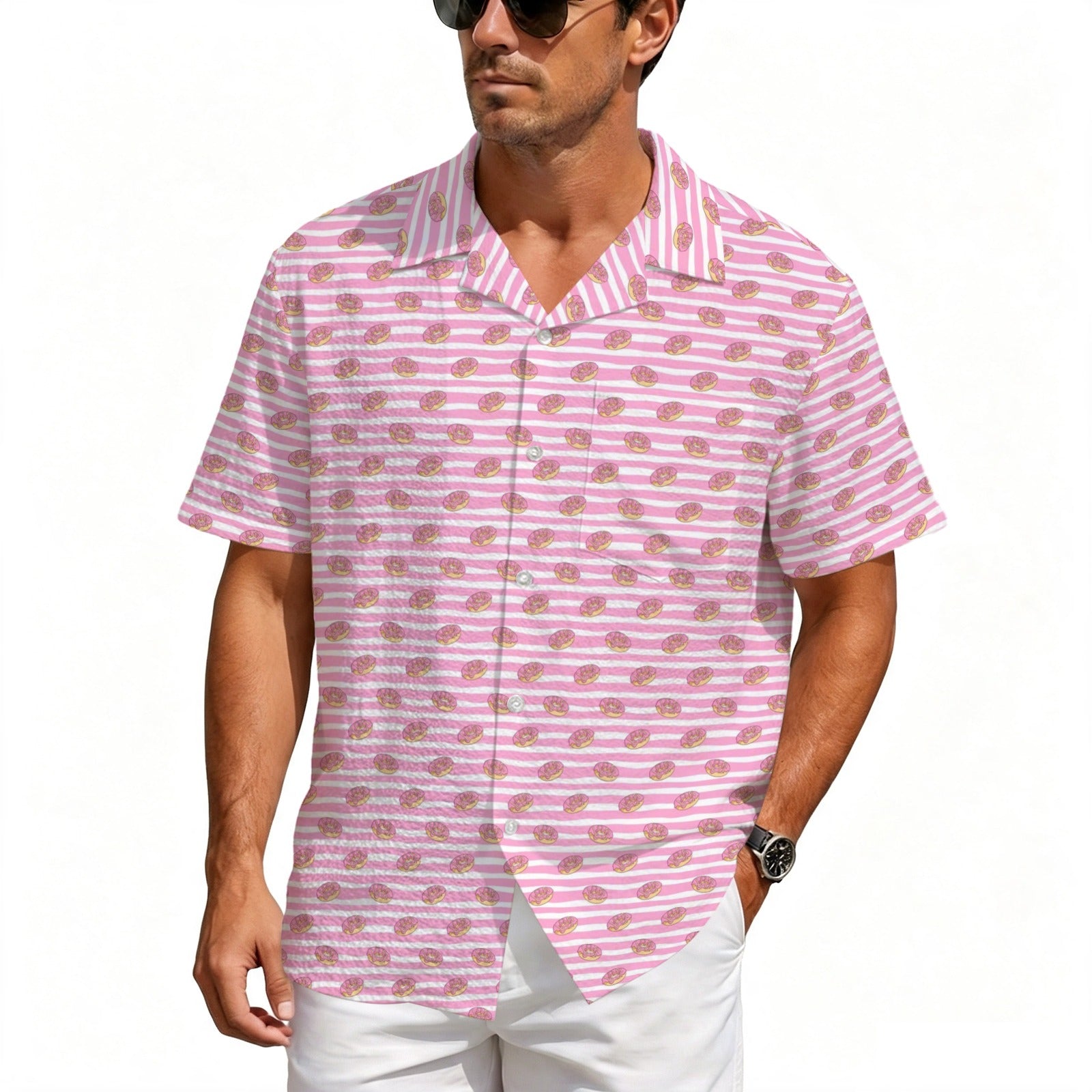 Pink Donut Stripes Men's Crinkle Hawaiian Shirt