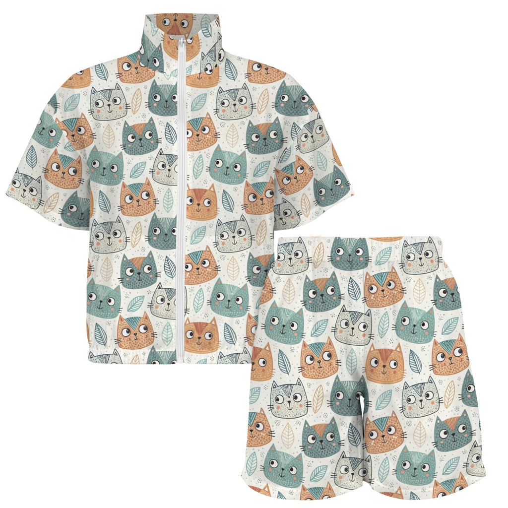 Cute Cat Faces Women's Windbreaker Short Set Women's Windbreaker Short Set animal Printed Offshore