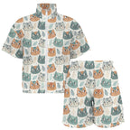 Cute Cat Faces Women's Windbreaker Short Set Women's Windbreaker Short Set animal Printed Offshore