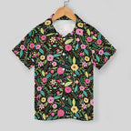 Bright Floral And Leaves Kids Youth Short Sleeve Button Up Shirt