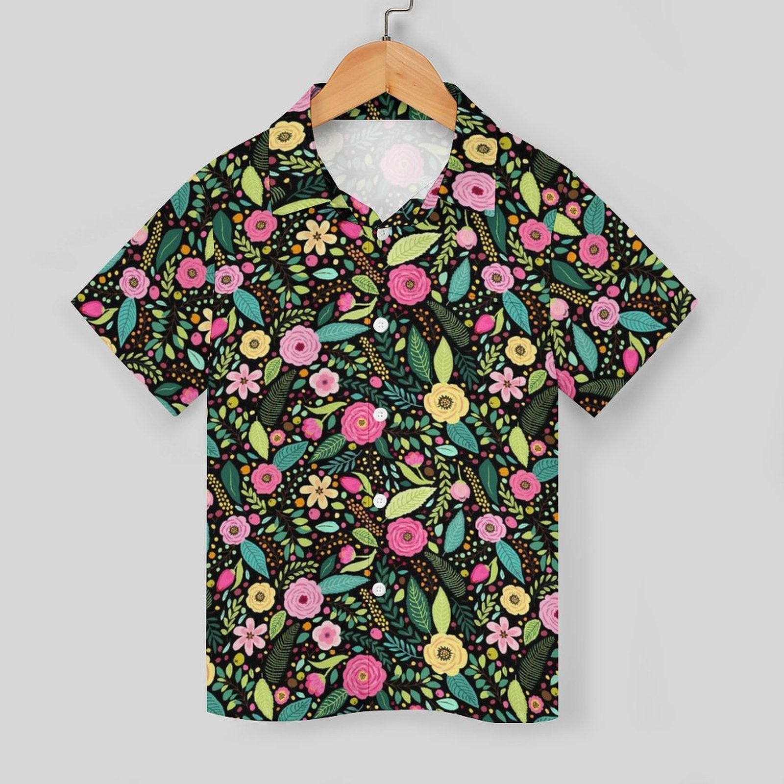 Bright Floral And Leaves Kids Youth Short Sleeve Button Up Shirt
