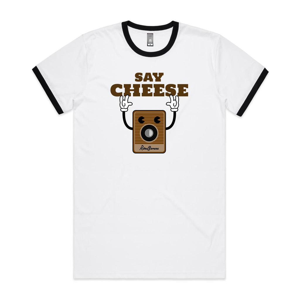 Say Cheese, Retro Camera - Staple Ringer Tee White Black Ringer T-Shirt Printed In Australia Retro