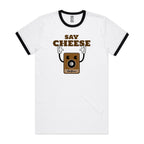 Say Cheese, Retro Camera - Staple Ringer Tee White Black Ringer T-Shirt Printed In Australia Retro